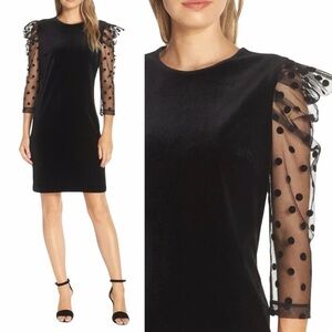 NWT! Julia Jordan Black Velvet Swiss Dot Puff-Sleeve Shift Cocktail Dress Size 8
